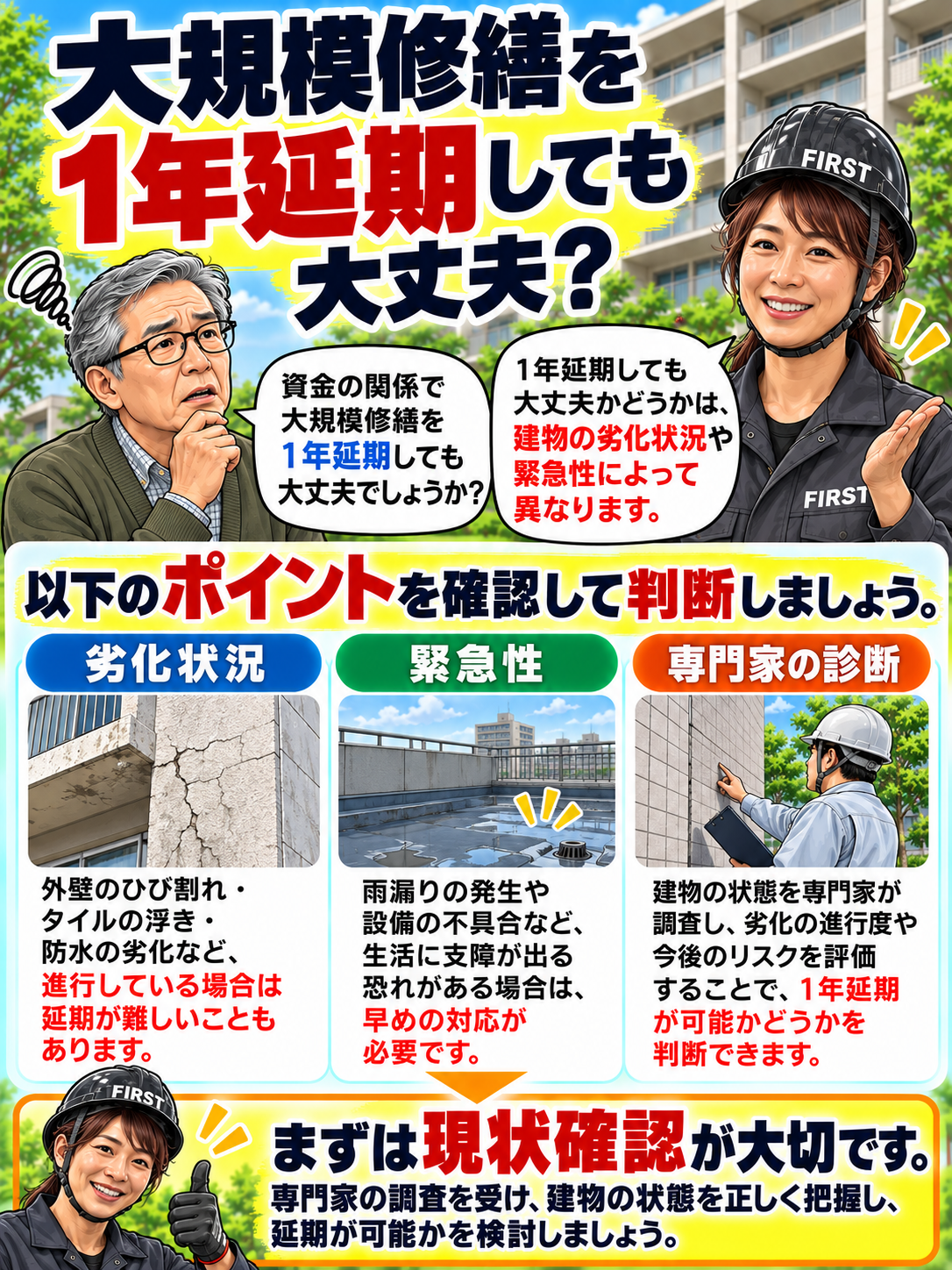 大規模修繕を1年延期する前に確認する劣化状況・安全性・専門家による建物診断のポイント