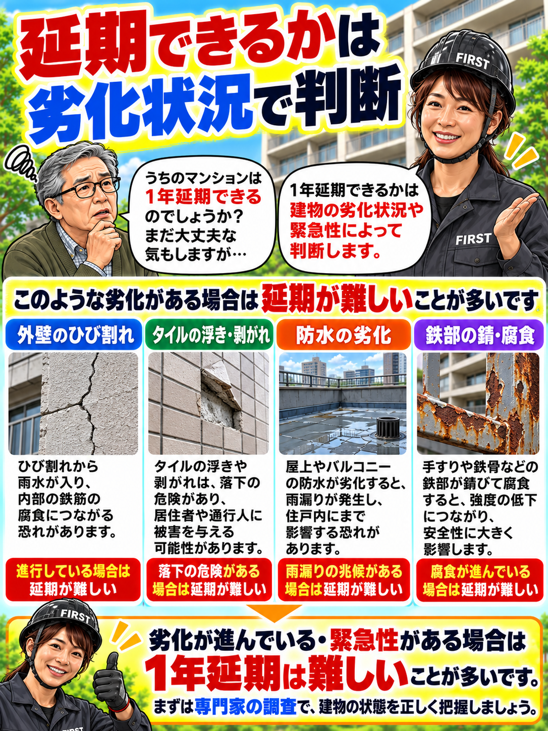 大規模修繕の延期前に確認したい外壁のひび割れ・タイルの浮きや剥落・防水劣化・鉄部腐食