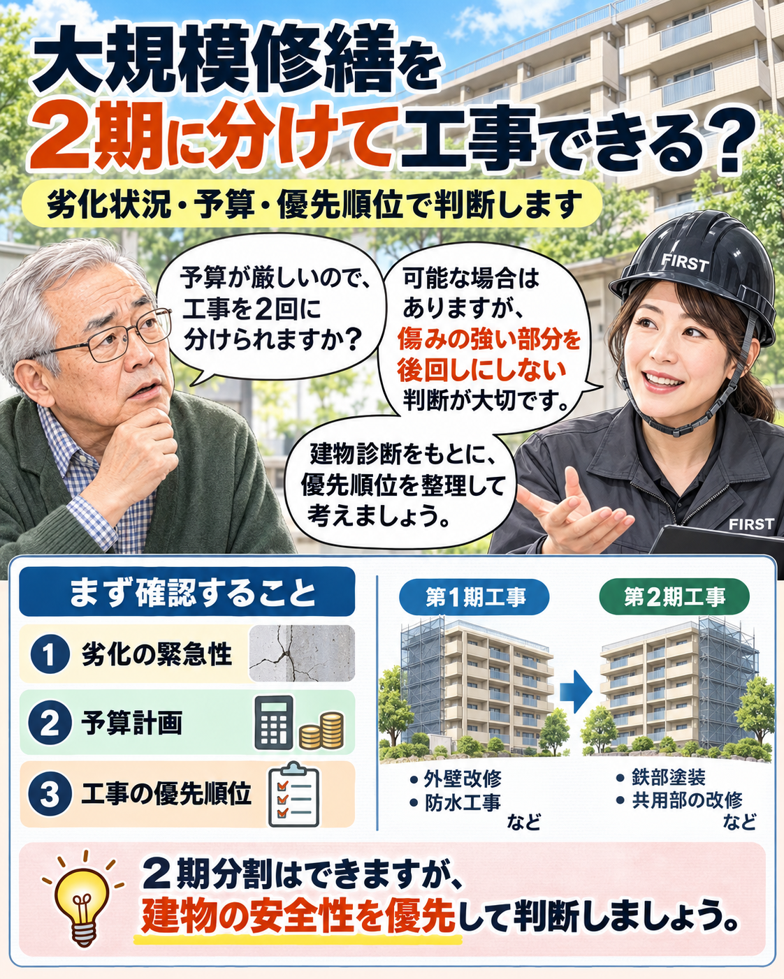 大規模修繕を2期に分ける場合は建物の劣化状況・予算・工事の優先順位で判断することを説明する漫画