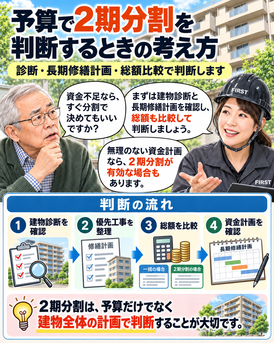 大規模修繕を予算の都合で2期に分ける前に建物診断・優先工事・総工事費・長期修繕計画を確認する漫画