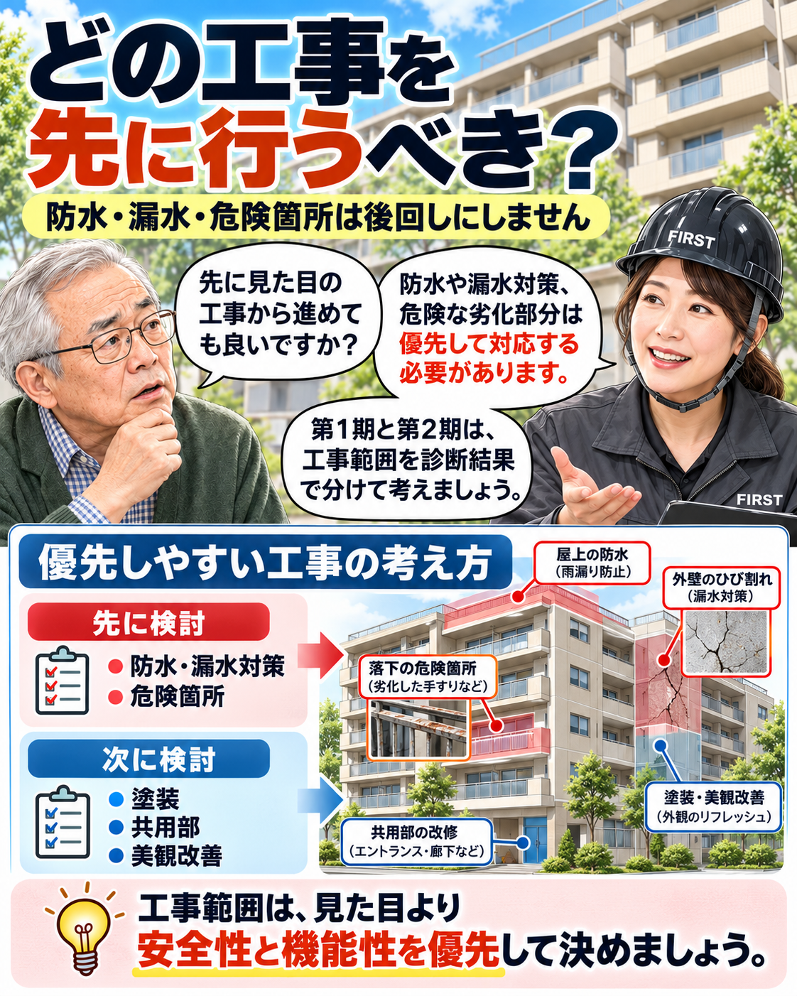 大規模修繕を2期に分けるときに防水・雨漏り・外壁の危険箇所など優先する工事範囲を考える漫画