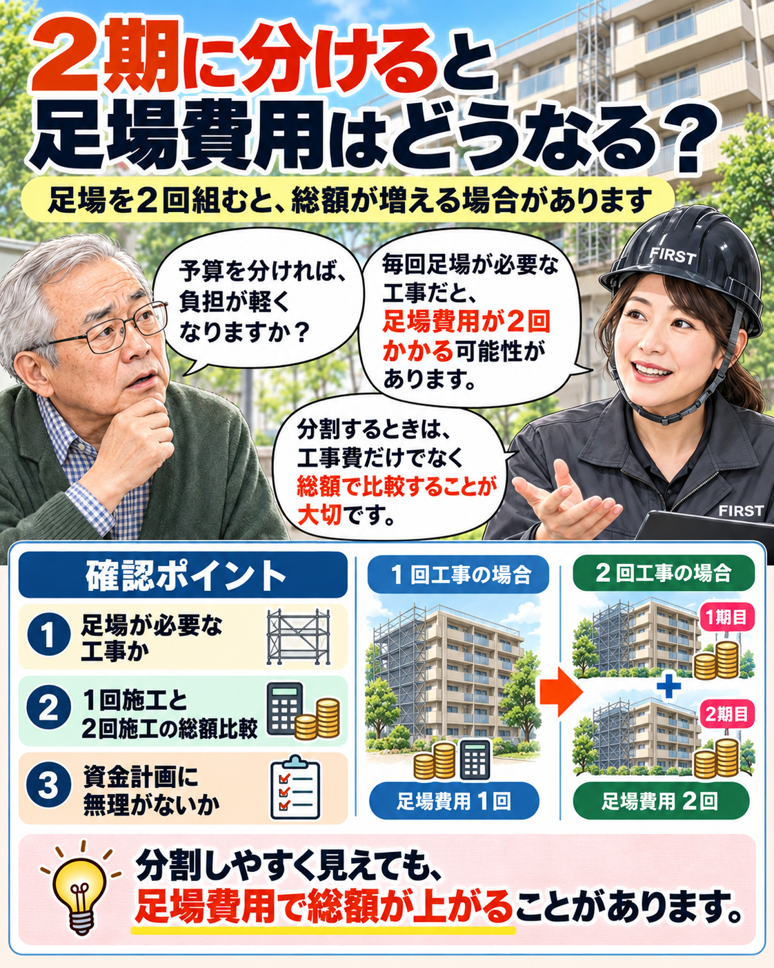大規模修繕を2期に分ける場合の足場再設置費用と一括施工・分割施工の総額比較を説明する漫画