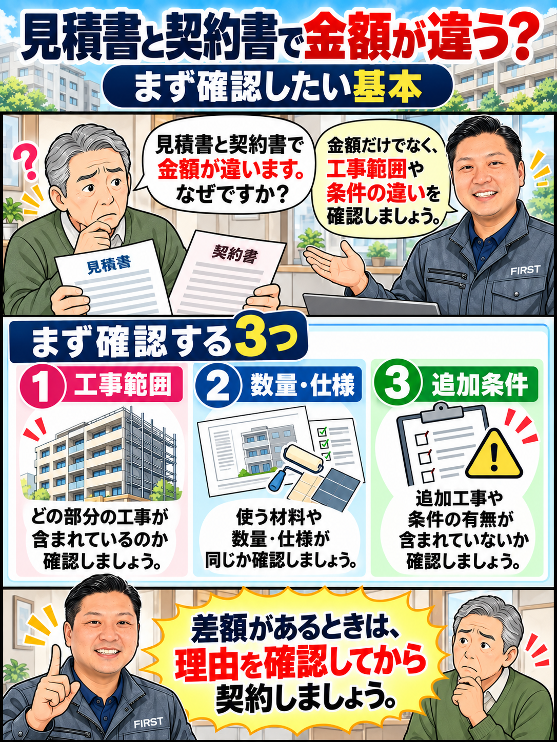 大規模修繕の見積書と契約書で金額が違う場合の確認ポイントを説明する漫画
