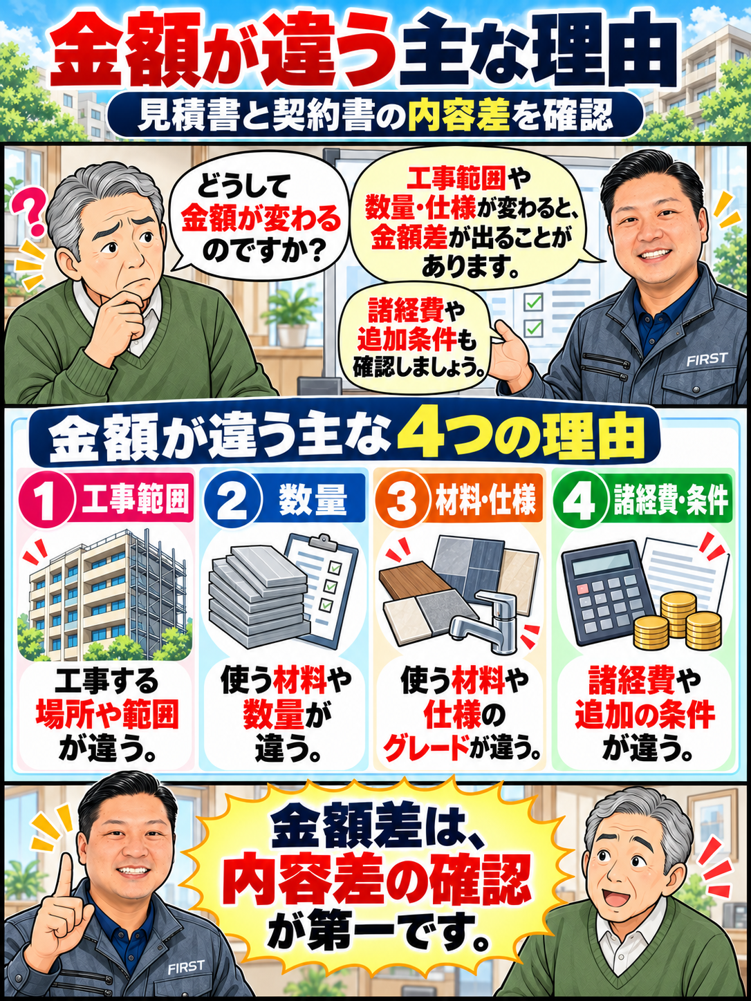 大規模修繕の見積金額が変わる主な理由として工事範囲・数量・材料仕様・仮設費や諸経費を説明する漫画