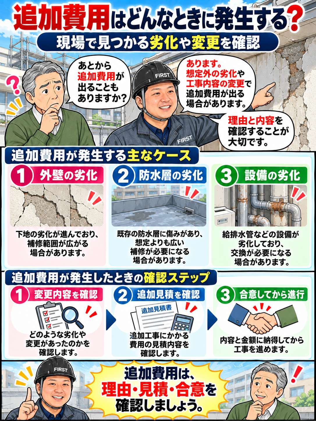 大規模修繕の工事中に外壁下地・防水下地・設備の劣化が見つかった場合の追加工事と契約変更の確認ポイントを説明する漫画