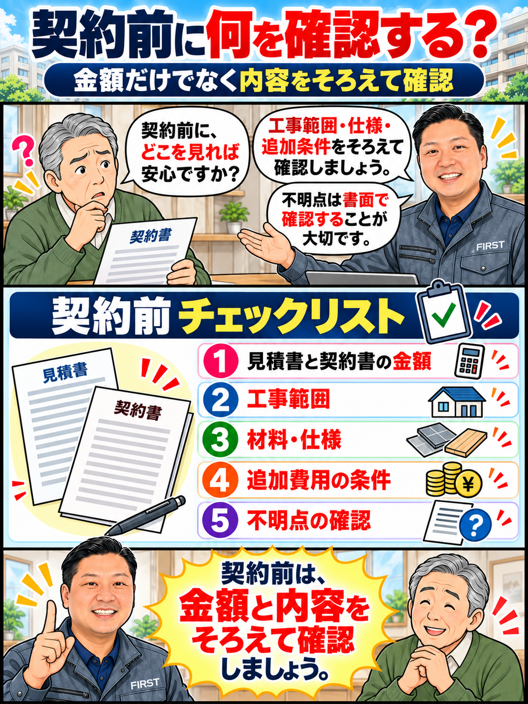 大規模修繕の契約前に見積金額・工事範囲・施工仕様・追加費用の条件を確認するチェックポイントを説明する漫画